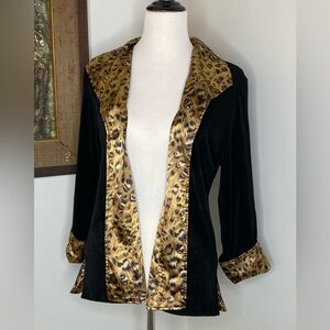 CHICO'S Travelers Size 1 Black Leopard Trim Knit Jacket Acetate Spandex